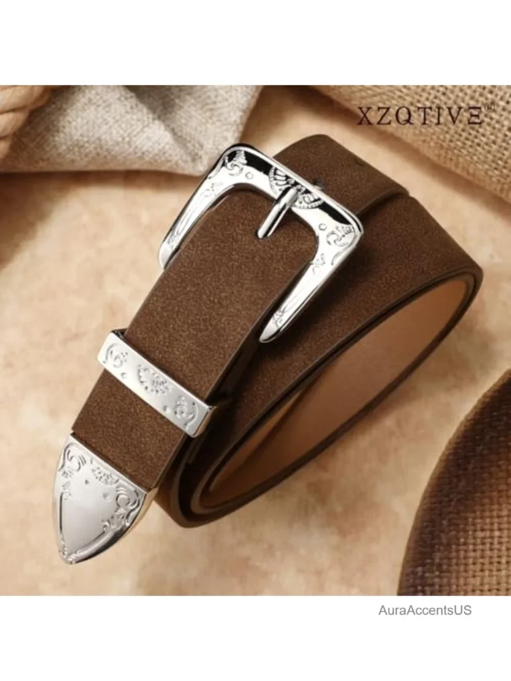 Women's Western Suede Belt with Floral Engraved Silver Buckle